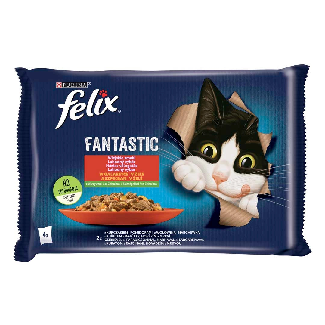 FELIX Fantastic csirkével-paradicsommal, marhával-sárgarépával aszpikban nedves eledel felnőtt macskáknak 4x85g