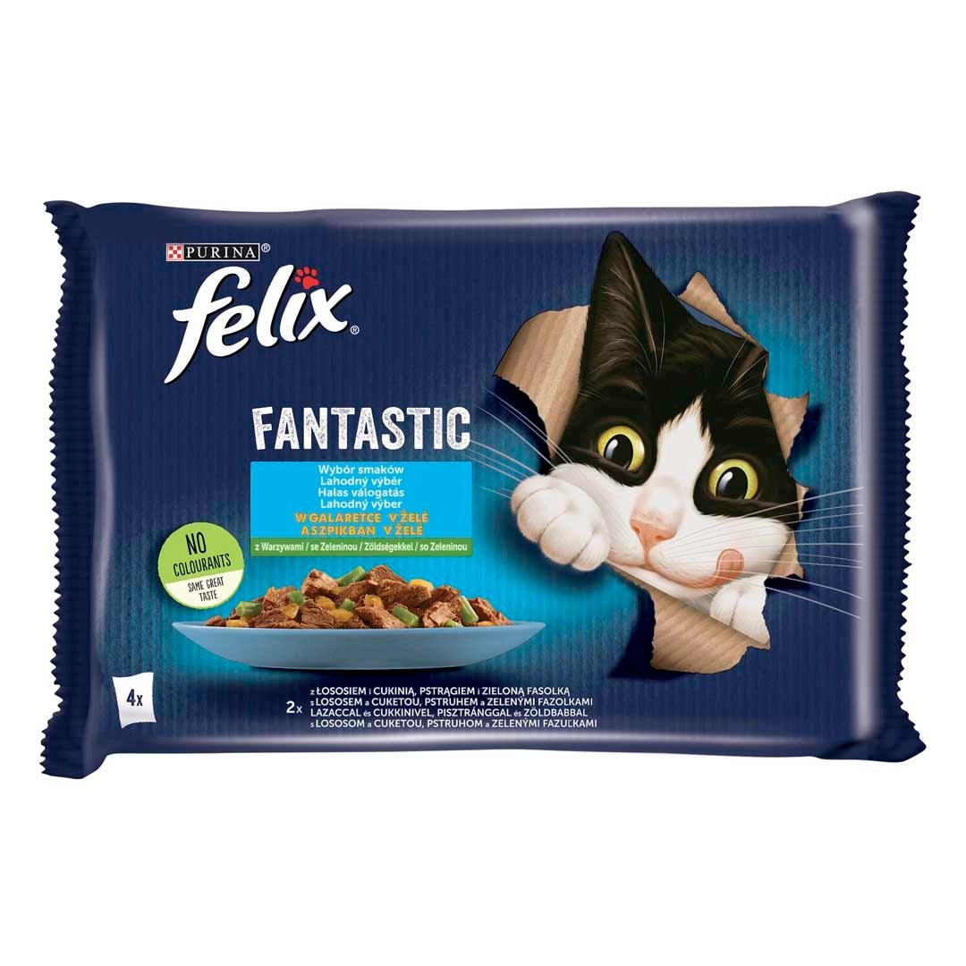 FELIX Fantastic lazaccal-cukkinivel és pisztránggal-zöldbabbal aszpikban nedves eledel felnőtt macskáknak 4x85g