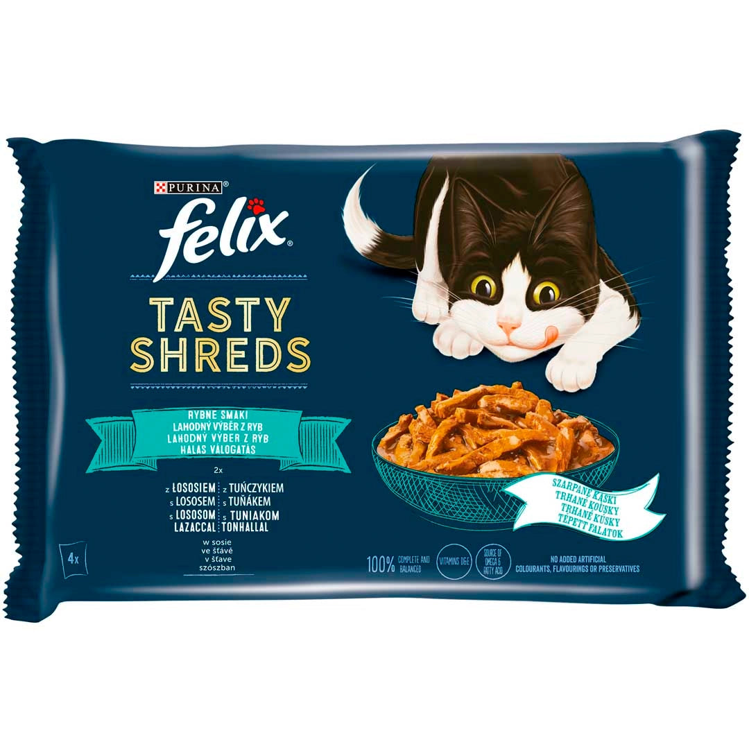 FELIX Tasty Shreds halas válogatás szószban nedves eledel felnőtt macskáknak 4x85g