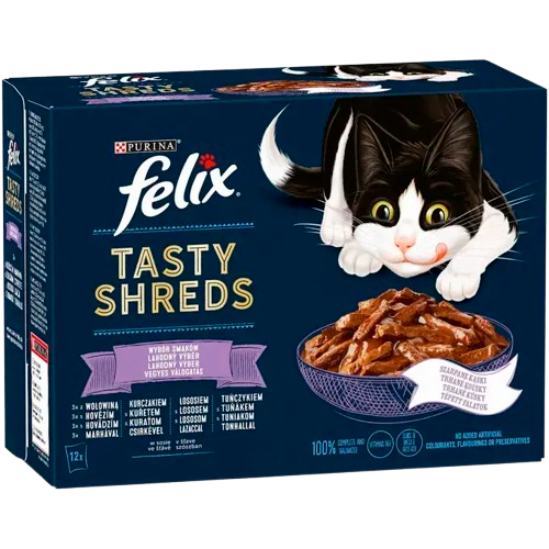 FELIX Tasty Shreds vegyes válogatás szószban nedves eledel felnőtt macskáknak 12x80g