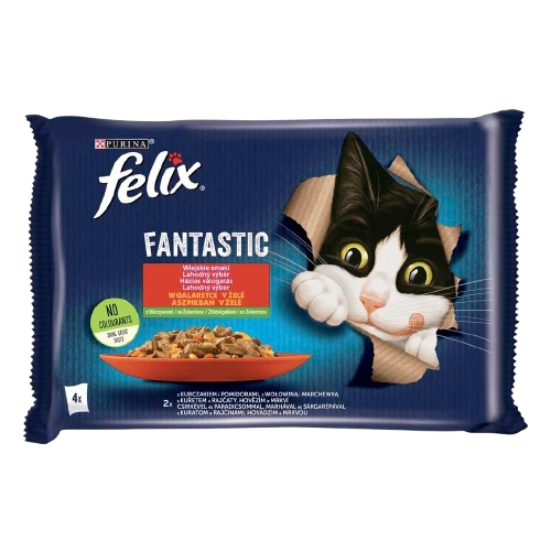 FELIX Fantastic csirkével-paradicsommal, marhával-sárgarépával aszpikban nedves eledel felnőtt macskáknak 4x85g