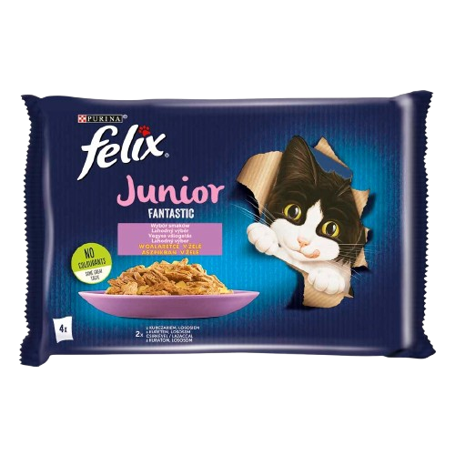 FELIX Fantastic Junior csirkével/lazaccal aszpikban nedves eledel felnőtt macskáknak 4x85g