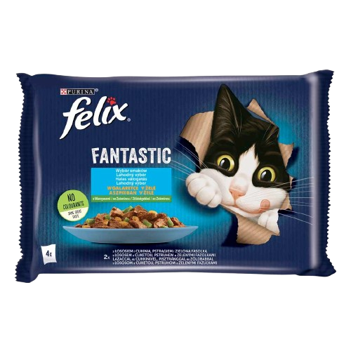 FELIX Fantastic lazaccal-cukkinivel és pisztránggal-zöldbabbal aszpikban nedves eledel felnőtt macskáknak 4x85g