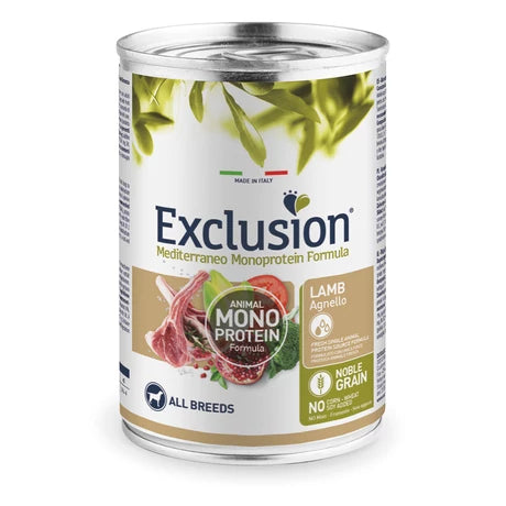 Exclusion Mediterraneo Noble Grain bárányos kutyakonzerv felnőtt kutyáknak, 400g (Csirke mentes)