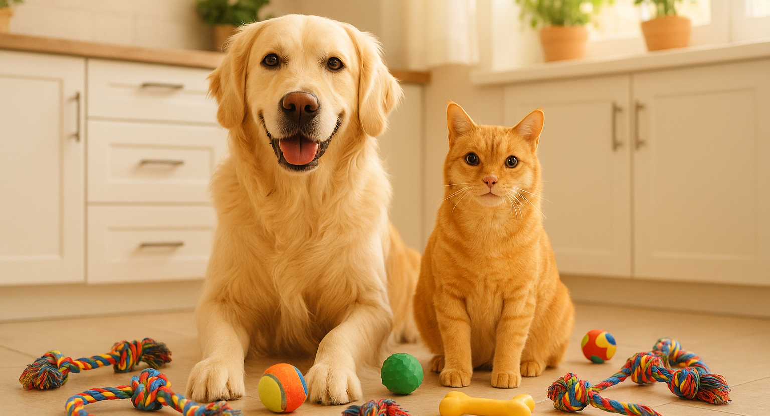 A sweet dog and cat, sitting next to each other, with bright, lively eyes. Surrounded by toys, green surroundings or a clean kitchen background.
👉 The style should be warm, cozy, homely – like a picture from a children's catalog.
Realistic
And leave room in the top (The dog or cat don't be too big)